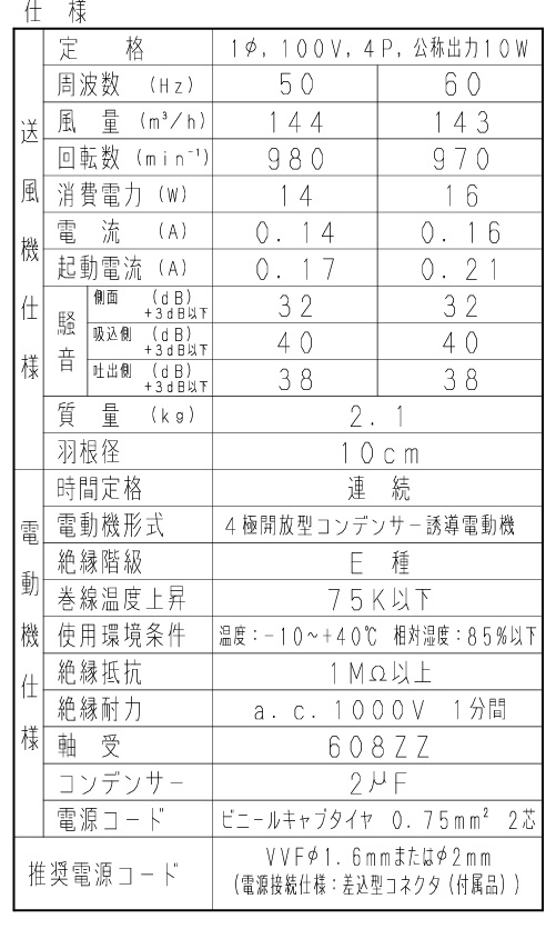 パナソニック　ダクト用送風機　ミニシロッコファン　FY-10CG1 トイレ用　屋内用　100ｍｍ　図面2、仕様書