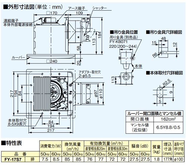 パナソニック FY-17S7　トイレ，洗面所，廊下，ホール，事務所，店舗