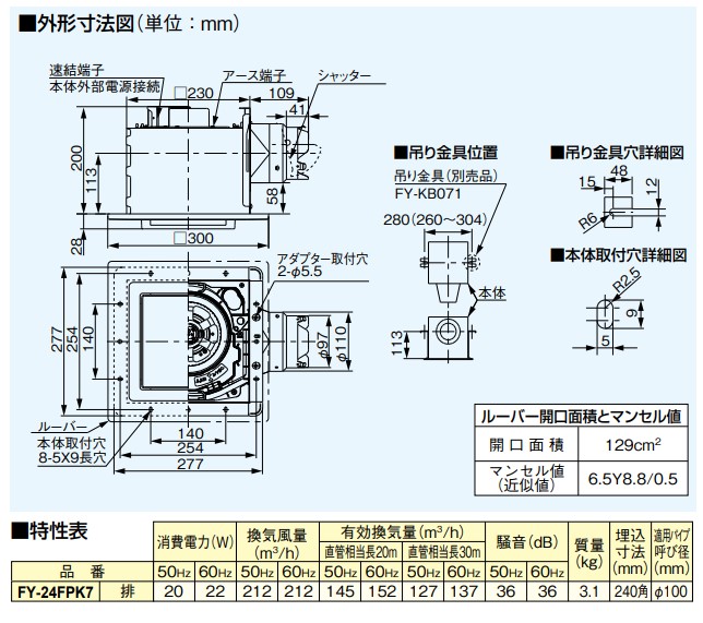 パナソニック 換気扇 FY-24FPK7　トイレ，洗面所，廊下，ホール，事務所，店舗 